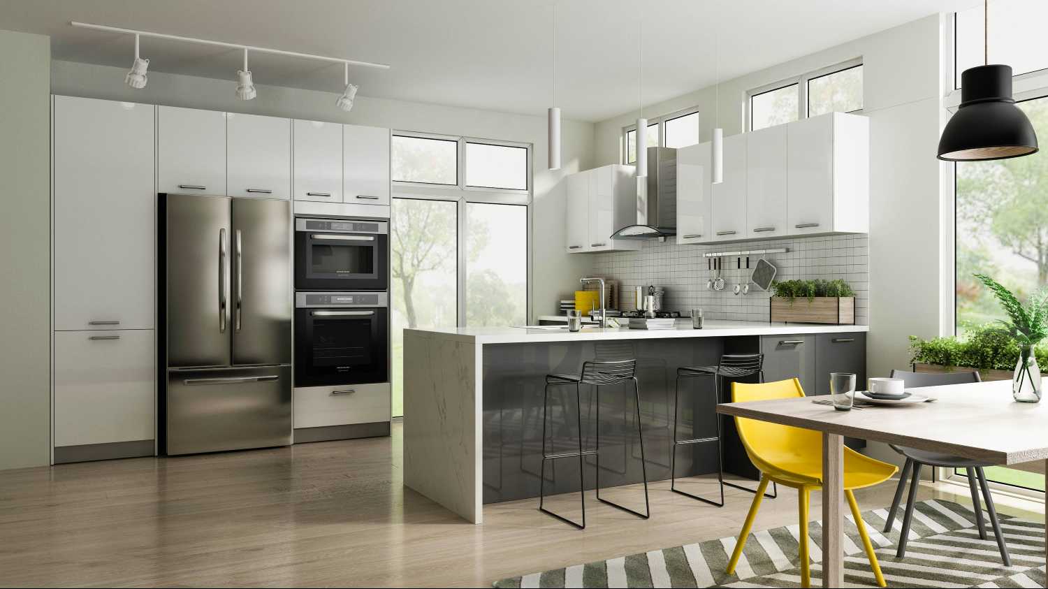 Modern Staged Kitchen with Sleek european style cabinets in white and grey