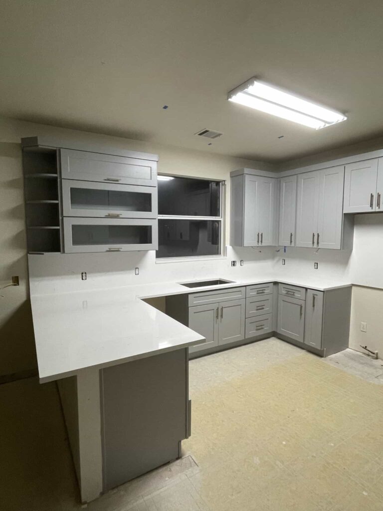 Modern Grey Shaker Cabinet Kitchen with white quartz countertop
