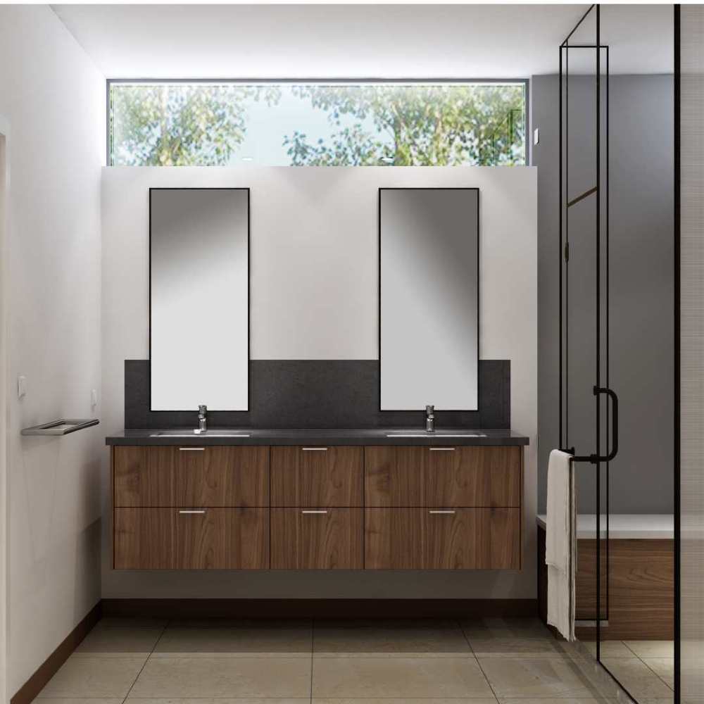 Modern Staged Bathroom with Clean european style cabinets in Walnut brown