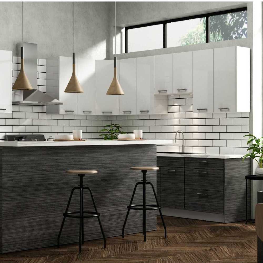 Modern Staged Kitchen with Slick european style cabinets in white and grey/brown